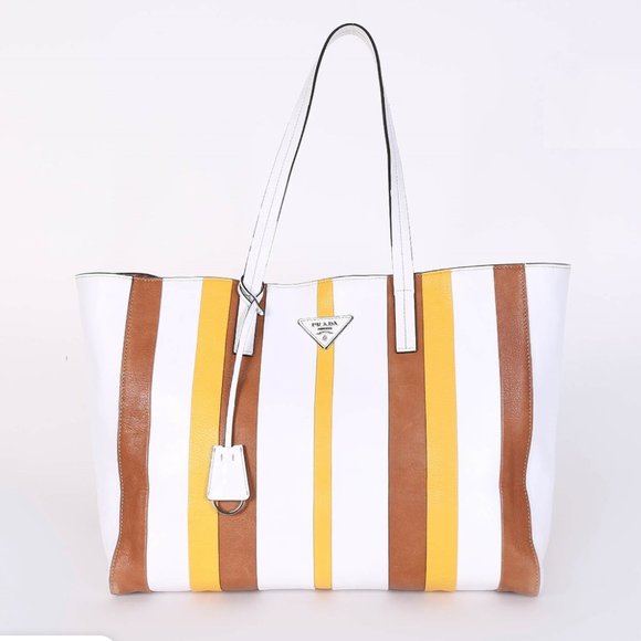 Prada Handbags - PRADA Calf Baiadera Striped Shopping Tote Bianco/Caramello